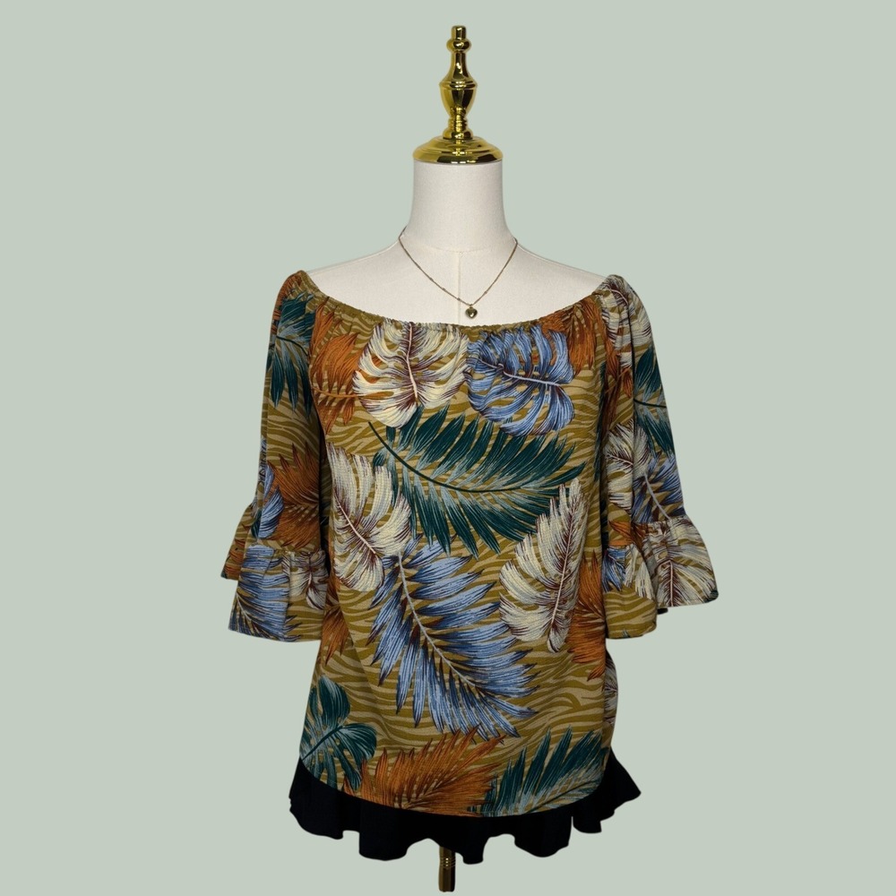 tropical off shoulder blouse brown green leaf boho vacation chic earth tones